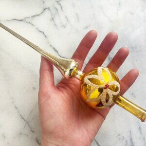 Vintage Gold Flower Ball 9.5" Glass Christmas Tree Topper Feather Tree Small